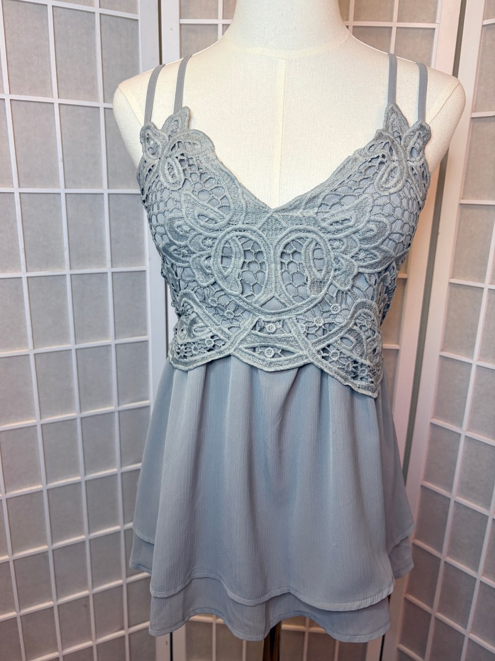 Lace Appliqué Double-Strap Blue-Gray Babydoll Top NWT